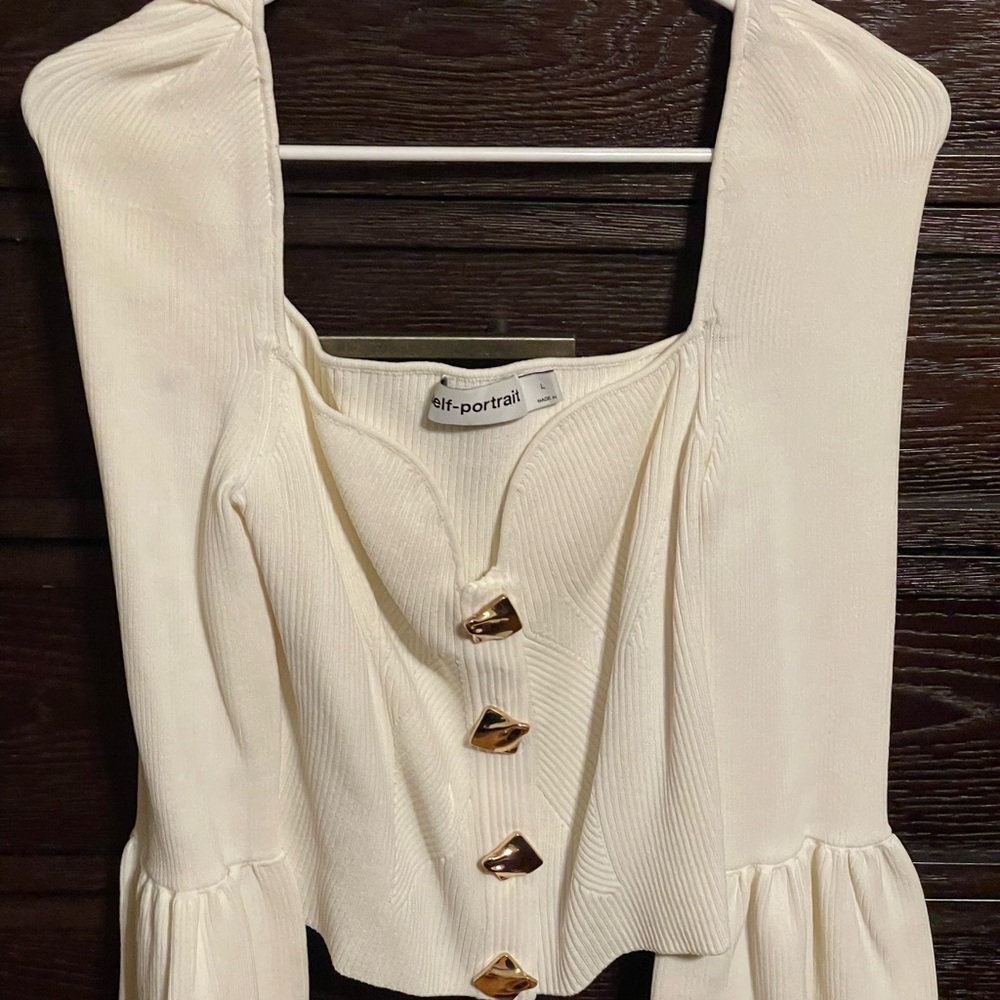 self portrait white ribbed sweater. large. embellished button. bell sleeve